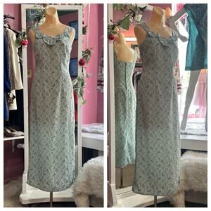 Vintage 90s Floral Print Maxi Dress Blue Sleeveless Ruffles Minimalist Boho XS/S